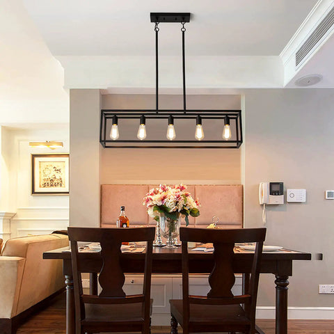 Farmhouse Kitchen Island Light With Black Matte Finish, Modern Industrial Five Light Linear Pendant Fixture in dining room