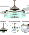Retractable Ceiling Fan With Lights Bluetooth Speaker And Chandelier Remote Control Dope 7 Color Changing LED 42 Inch Silver