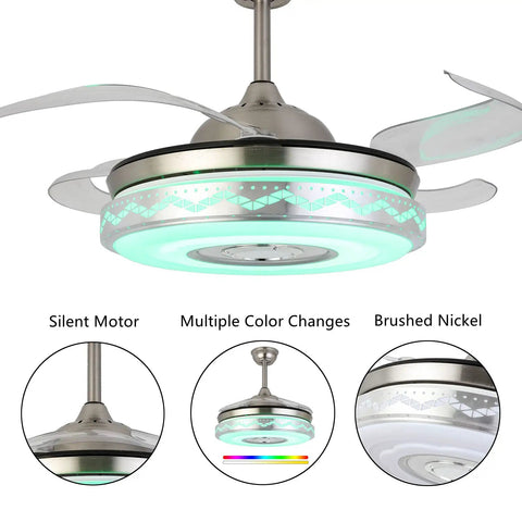 Retractable Ceiling Fan With Lights Bluetooth Speaker And Chandelier Remote Control Dope 7 Color Changing LED 42 Inch Silver