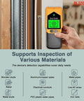 BLIZONTE Stud Finder Wall Scanner displays detection of wood, metal, and electrical materials during use in wall inspection.