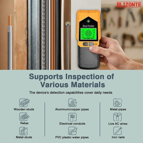 BLIZONTE Stud Finder Wall Scanner displays detection of wood, metal, and electrical materials during use in wall inspection.