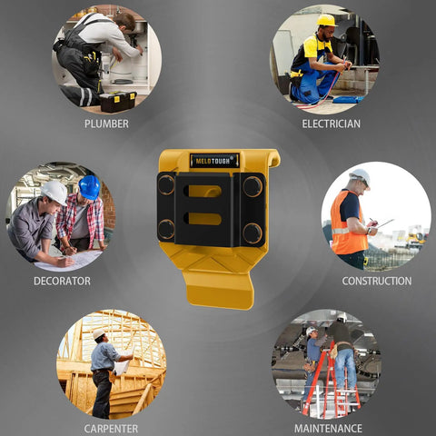 Beefy Drill Belt Clip And Tape Measure Holder For Tool Belts, shown with professionals like electrician and carpenter.