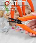6 Inch Metal Hole Punch Pliers For 1.5mm Clean Holes In Jewelry Making with orange PVC grips, held next to beads.