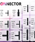 Array of connectors from Six Piece Five Foot Vacuum Line Kit For Automotive Silicone Hoses With Sixty Four Connectors In Six Inner Diameters One Eighth Inch Five Thirty Seconds Inch Three Sixteenths Inch One Quarter Inch Five Sixteenths Inch Three Eighths Inch Replacement Hose