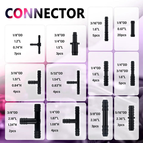 Array of connectors from Six Piece Five Foot Vacuum Line Kit For Automotive Silicone Hoses With Sixty Four Connectors In Six Inner Diameters One Eighth Inch Five Thirty Seconds Inch Three Sixteenths Inch One Quarter Inch Five Sixteenths Inch Three Eighths Inch Replacement Hose