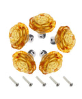 Yellow Crystal Rose Shaped Glass Cabinet Knobs 5 Pack with screws easy install for drawers cabinets dressers cupboards and bathroom kitchen furniture decoration glam modern charm.
