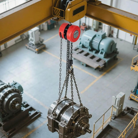 1 Ton Hand Chain Hoist With 10 Ft Lift Height And Galvanized G70 Chain lifting equipment in industrial setting.