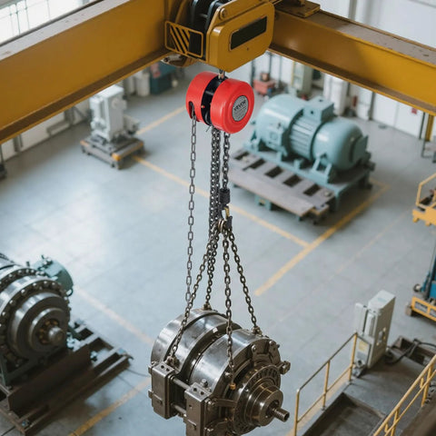 VEVOR Hand Chain Hoist, red, 1-ton capacity with galvanized chain, hanging from yellow crane beam in workshop