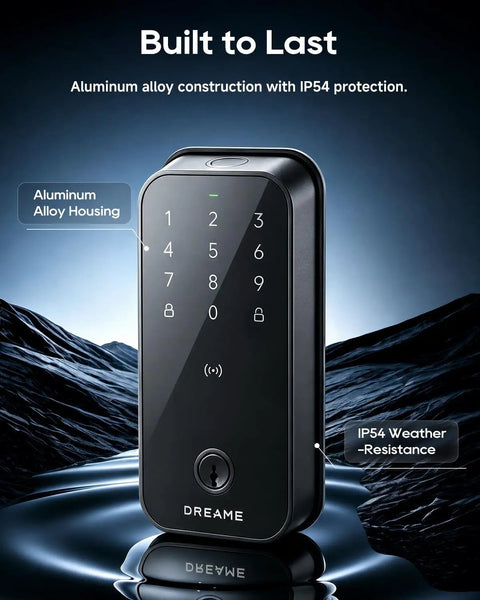Premium Smart WiFi Door Lock Featuring Slick Fingerprint Keypad And Apple Home Key Compatibility For Smooth iPhone Unlocks, Aluminum alloy construction, IP54 rated for weather resistance.