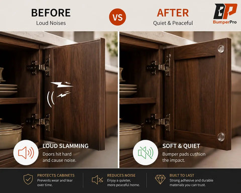Comparison of cabinet doors before and after using Clear Cabinet Door Bumpers Three Eighths Inch Self Adhesive Rubber Cushions To Stop Slams For Cabinets, Drawers, Furniture, And RVs, Bulk Pack Of 100.
