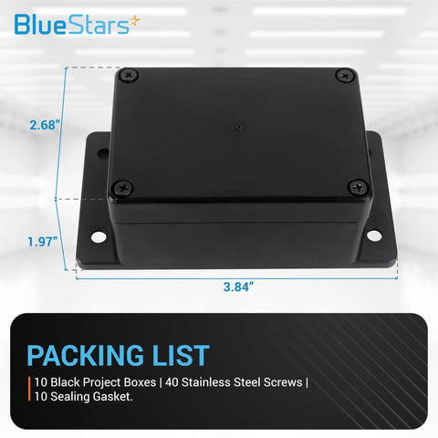Tough As Nails 2 Pack Black ABS Project Box IP65 Waterproof Electrical Junction Enclosure Case with dimensions shown.