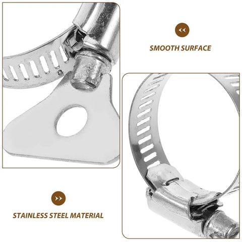 Top Notch 10 Pc Stainless Steel Hose Clamp Kit For Plumbing And Tubes With Worm Drive Secure Install Fixing Water Fuel Lines Quick Release Heavy Duty Gear stainless steel worm-drive clamp close-up, smooth surface