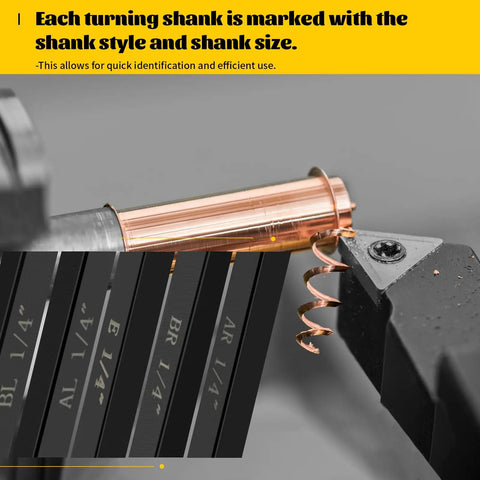 Close-up of five sets of one quarter inch carbide lathe tool bits for indexable turning metal lathe tools with C6 carbide inserts.