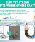 Comparison showing 40 Inch Flexible Bathroom Drain Hair Remover With Rotating Handle Reinforced Steel Drain Snake fitting in tight pipes.