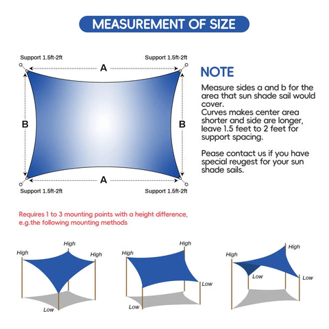 Sun Shade Sail 16x20 Rectangle Permeable Shade Cloth For Outdoor Patio Garden Pergola Backyard Deck Breathable HDPE Canopy Blocks Up To 95 UV Rays Light Gray Durable Easy Install showing measurement and installation guide.