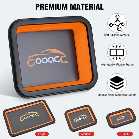 Orange Silicone Collapsible Magnetic Parts Tray Set In Three Sizes shown with soft material and magnetic base features.