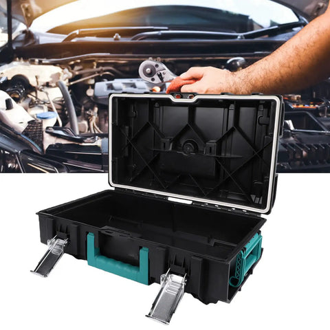 Heavy Duty Stackable Toolbox With Metal Clip And Easy Grip Top Handle For Modular Workshop Rig and Clutter Free Job Site Storage, open with interior view.