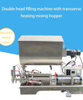 Heavy Duty Semi Automatic Double Head Paste Filling Machine With Integrated Heating And Stirring Hopper Crafted From 304 Stainless Steel For Rich Sauces And Pasty Blends No Sweat Operation 110V, featuring horizontal mixing hopper.