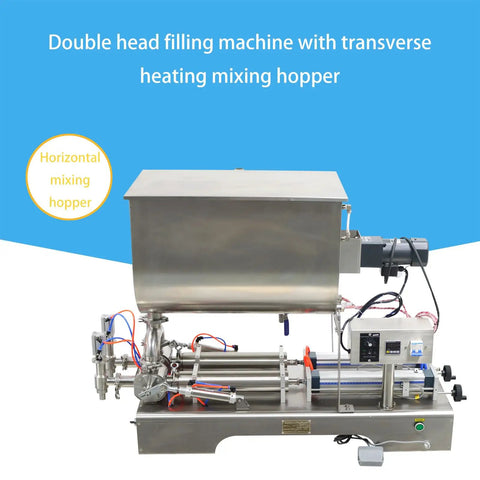 Heavy Duty Semi Automatic Double Head Paste Filling Machine With Integrated Heating And Stirring Hopper Crafted From 304 Stainless Steel For Rich Sauces And Pasty Blends No Sweat Operation 110V, featuring horizontal mixing hopper.