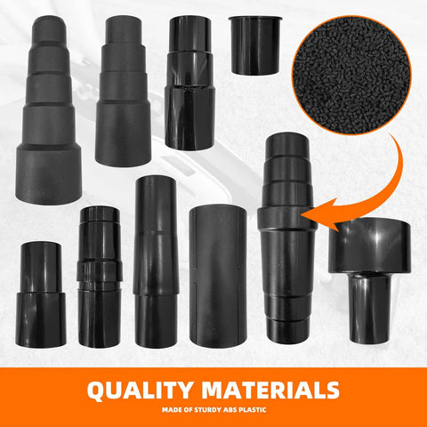 10 Piece Universal Vacuum Hose Adapter Set For Shop Vac, ABS plastic reducers from 1-1/4 inch to 1-1/2 inch, shown with materials inset.