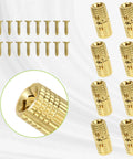 Hidden Barrel Hinges Set Eight Pack With Sixteen Screws for cabinets and furniture, copper hardware, showcased with close-up view.