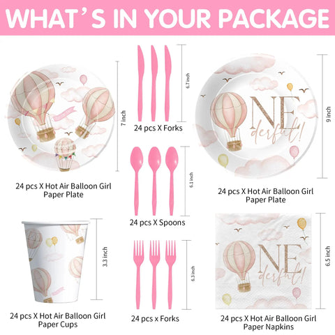 Diagram showing contents of Hot Air Balloon First Birthday Tableware Set For Girls Includes Plates Cups Napkins Disposable Cutlery Serves 24