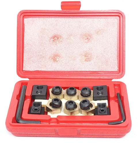 5/8 Inch T Slot Eccentric Clamping Kit Includes 6 Eccentric Bolts, 4 T Nuts, 6 Hex Stoppers and 2 Hex Wrenches in red case