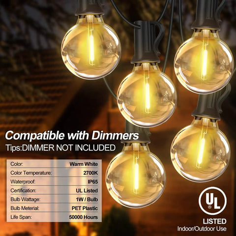 Illuminated 50Ft Outdoor Patio String Lights With G40 LED Globe Bulbs Waterproof UL Listed for porch or balcony