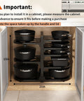 Adjustable 8 Tier Heavy Duty Pots and Pans Organizer for Kitchen Cabinet Storage Black Vertical Cookware Rack with pots in cabinet.