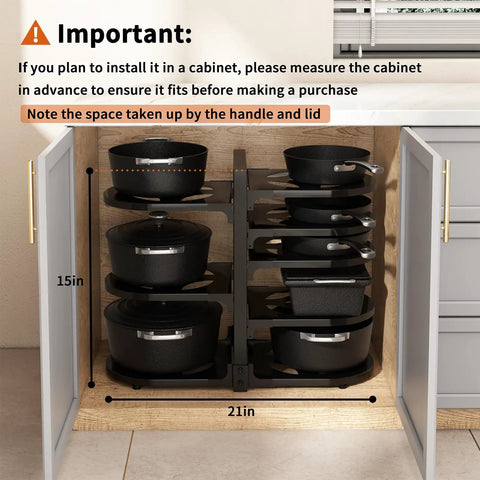 Adjustable 8 Tier Heavy Duty Pots and Pans Organizer for Kitchen Cabinet Storage Black Vertical Cookware Rack with pots in cabinet.