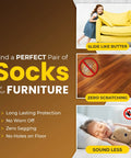 Brown Chair Leg Socks Protectors For Hardwood Floors No Slip Grip Easy To Put On Fits Round And Square Legs Bar Stool Leg Covers And Furniture Pads 48 Or 80 Count. Image showing features of chair socks including slide, scratch-free, and noise reduction with images of child on couch, wooden floor, and child sleeping.