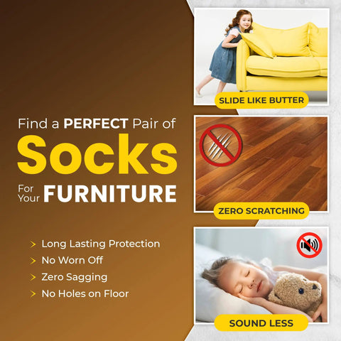 Brown Chair Leg Socks Protectors For Hardwood Floors No Slip Grip Easy To Put On Fits Round And Square Legs Bar Stool Leg Covers And Furniture Pads 48 Or 80 Count. Image showing features of chair socks including slide, scratch-free, and noise reduction with images of child on couch, wooden floor, and child sleeping.