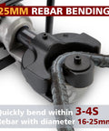 Pro 110V Electric Hydraulic Rebar Bender For Construction Pros Solid Steel Body 1200W Motor clips and bends rebar up to 25mm.