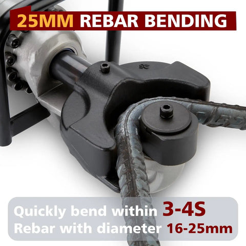 Pro 110V Electric Hydraulic Rebar Bender For Construction Pros Solid Steel Body 1200W Motor clips and bends rebar up to 25mm.