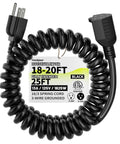 16 AWG 20 Ft Black Coiled Extension Cord Heavy Duty Tough Three Prong Flexible Spiral Power Cable For Standing Desk Garage Workshop And Electric Tools Such As Circular Saw And Drill 13A 125V 1625W ETL Listed