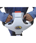 Hands gripping the control handle of a Heavy Duty Electric Pallet Truck With 25X48 Inch Forks 3300 Lb Capacity for maneuvering.