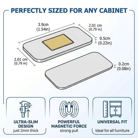Diagram of No Drill Magnetic Cabinet Catch Set Ultra Thin Stainless Steel Cabinet Magnets showing dimensions and features.