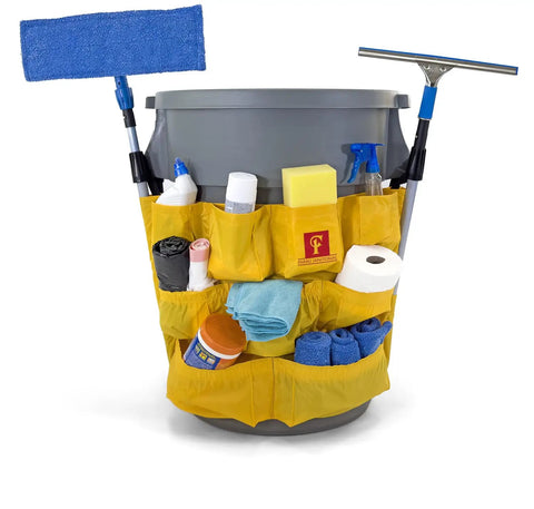 Heavy Duty Trash Can Caddy With 12 Pockets For 32 To 55 Gallon Cans, XL Size, Built To Last, Keeps Your Cleaning Gear Neat And Ready With Straps And Clip On Secures On The Can