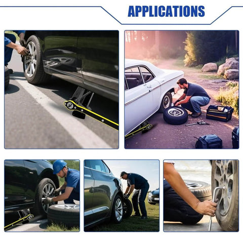 2 Ton Scissor Jack With Rubber Pad Portable Car Jack Emergency Kit For Sedan SUV MPV Including Jack Pad Ratchet Wrench Lug Wrench Tire Gauge Gloves And Storage Bag For On Road Fixes And Emergencies used on a car for tire change.