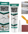 All In One Tile And Stone Repair Kit For Countertops And Surfaces Like Marble Porcelain Granite Quartz Chips Dents Cracks Holes Scratches And Breaks Fix Reattach Seamlessly On Hard Surfaces, featuring repair paste, scraper, and sandpaper.