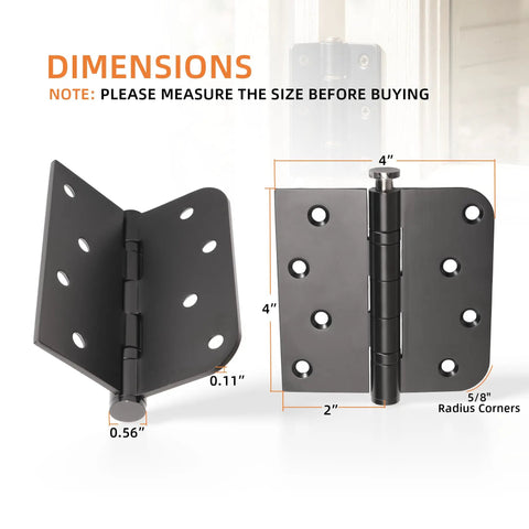 Tough As Nails Heavy Duty Black Door Hinges With Removable Pin And Zero Friction Ball Bearing Design Workhorse Hardware For Exterior Swing Doors Left Or Right Setup 4X4 dimensions showing size and features.