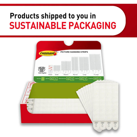 Open box of Narrow 10 Pound Picture Hanging Strips, 24 Strips Total, Damage Free Hangers For Picture Frames, sustainable packaging visible