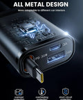 Close-up of an Ultra Slim 57W 3 In 1 USB C Car Charger Retractable And 180 Degree Rotatable Design with metal casing and ports.