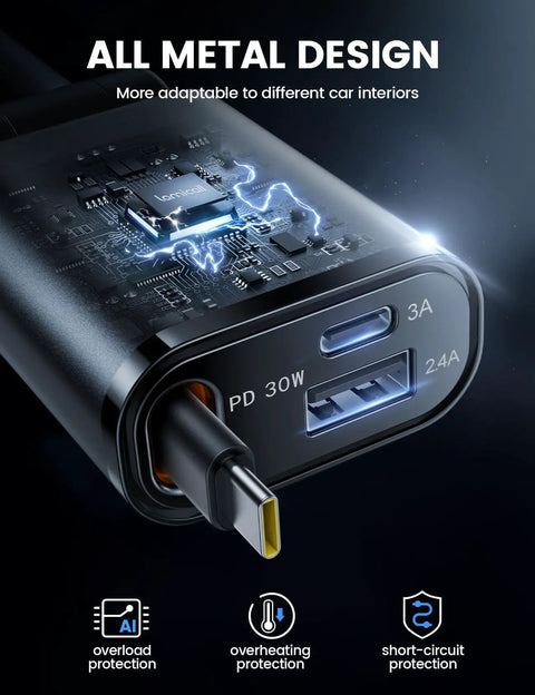 Close-up of an Ultra Slim 57W 3 In 1 USB C Car Charger Retractable And 180 Degree Rotatable Design with metal casing and ports.