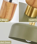 Details of Dope Green Contemporary Pendant Light With Wood And Brass Accents Adjustable Hanging Lamp For Kitchen And Dining Room.