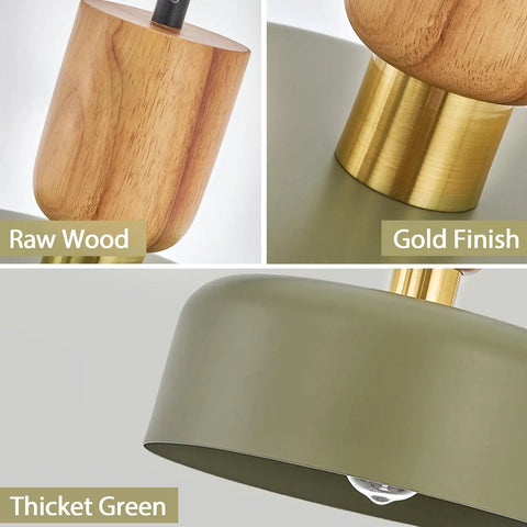 Details of Dope Green Contemporary Pendant Light With Wood And Brass Accents Adjustable Hanging Lamp For Kitchen And Dining Room.