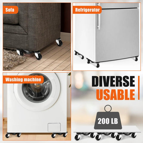 Heavy Duty 17 Piece Furniture Moving Dolly Set Includes Eight 3 Wheel Steel Tri Dollies With Swivel Casters And Sturdy Crowbar For Easy Sliding Of Couches, Appliances, And Mattresses Up To 200 Lb Capacity In Black Finish, showing use with a sofa, refrigerator, and washing machine.