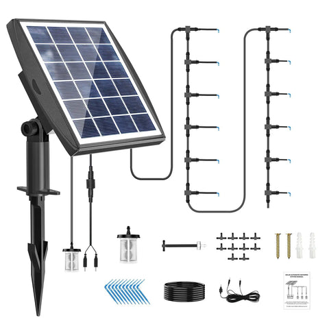 Automatic Drip Irrigation Kit For Pots And Plants With Sun Powered Operation, solar panel, tubes, connectors display