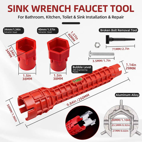 Tight Space Plumbing Tool Set With Basin Wrench And 8 In 1 Faucet Wrench Four Jaw Hex Wrenches for kitchen and bathroom use.