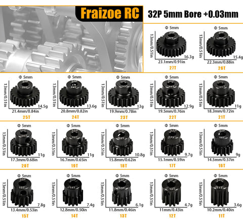 Beefy 13T 32P RC Car Pinion Gear Set 45 Steel Black Oxide 5mm Bore 0.03mm Tolerance with gear variations display